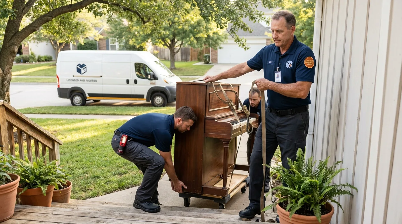 Licensed piano movers securing grand piano in Westfield, MA