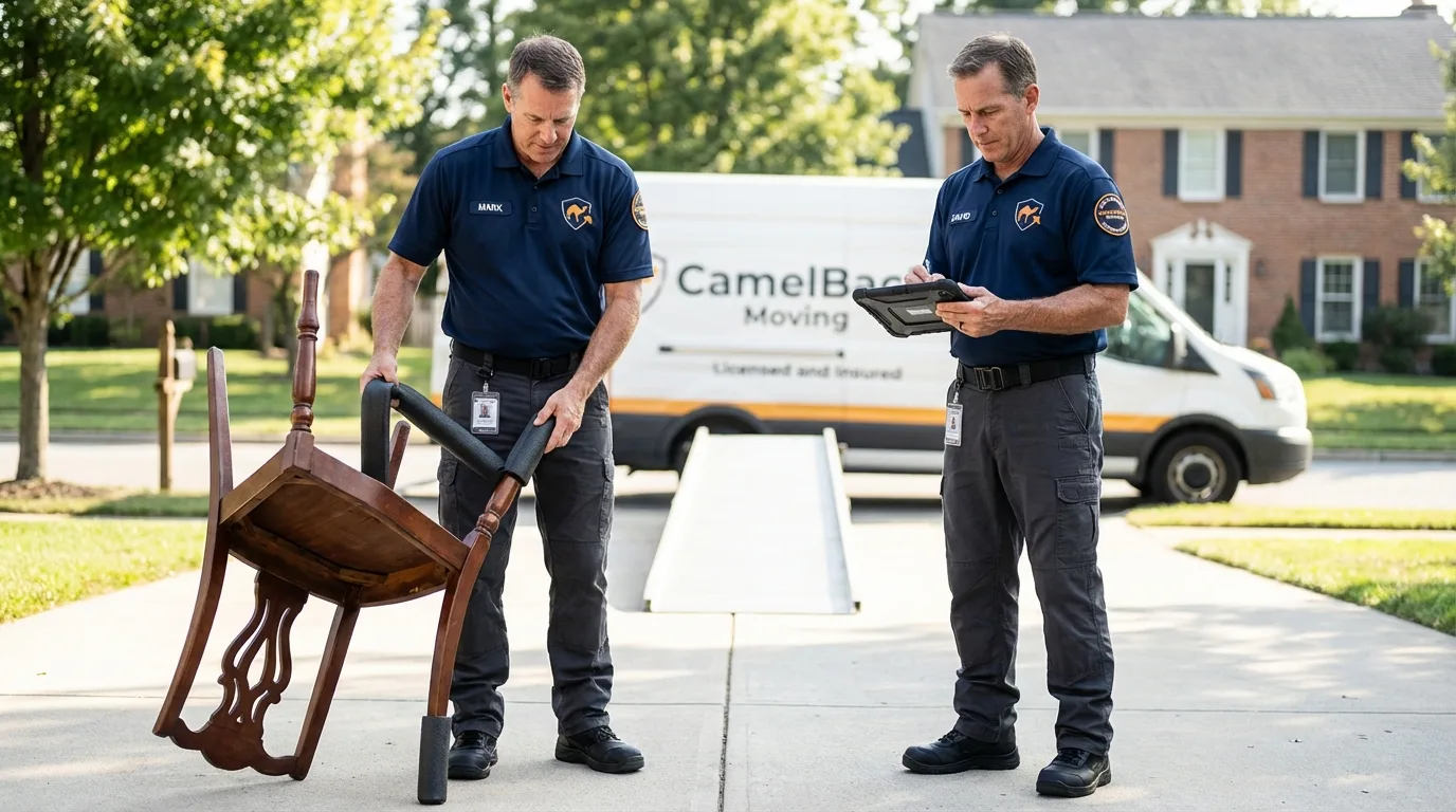 Movers inspecting furniture for damage prevention before loading in Westfield, MA
