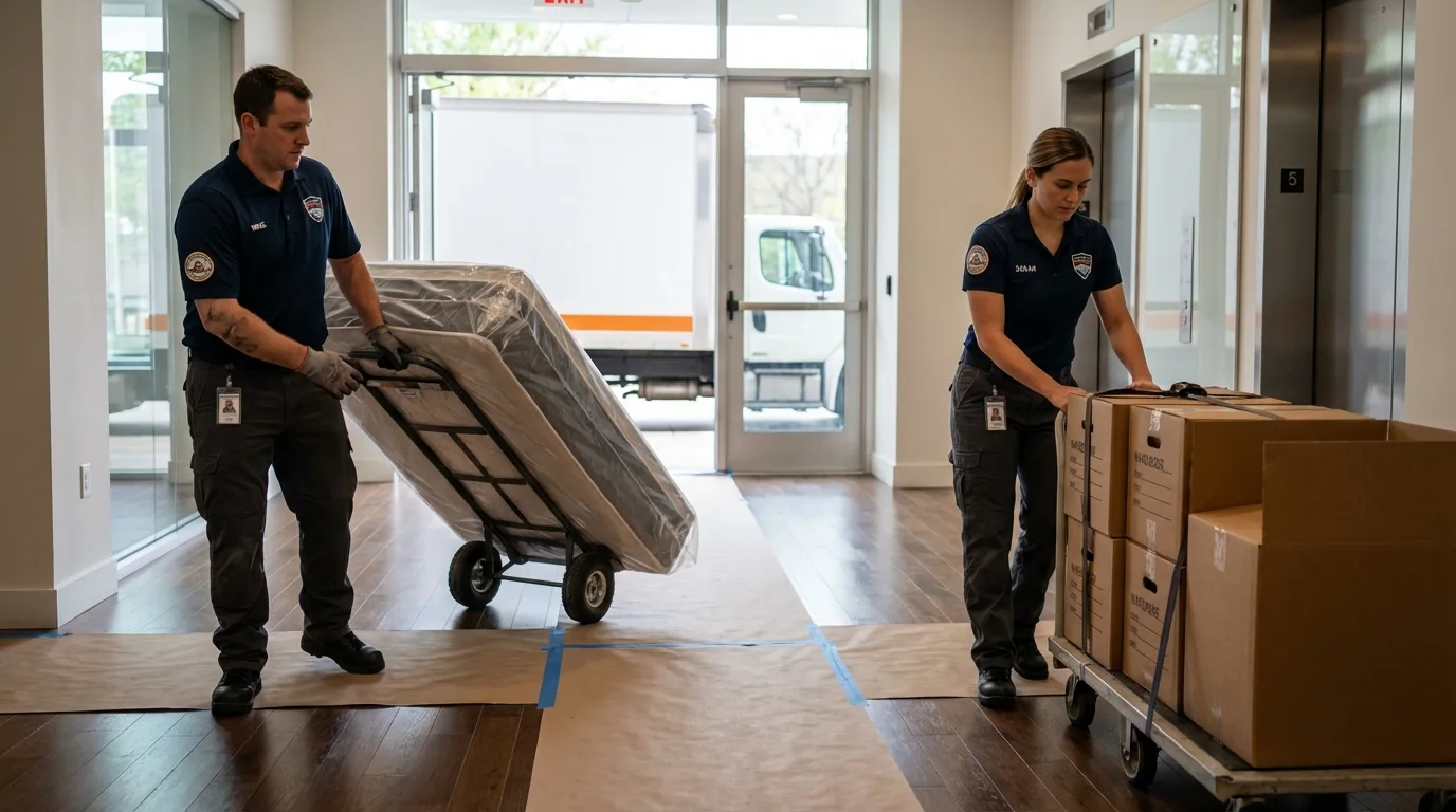 Professional apartment movers loading elevator in Westfield, MA